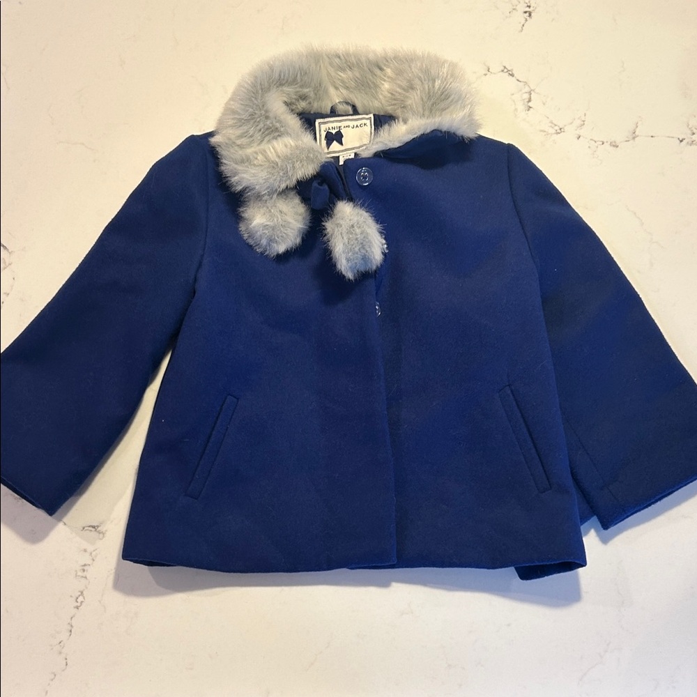 Janie and Jack Blue Pea Coat with Gray Fur Trim